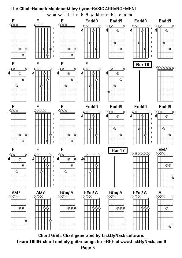 Chord Grids Chart of chord melody fingerstyle guitar song-The Climb-Hannah Montana-Miley Cyrus-BASIC ARRANGEMENT,generated by LickByNeck software.